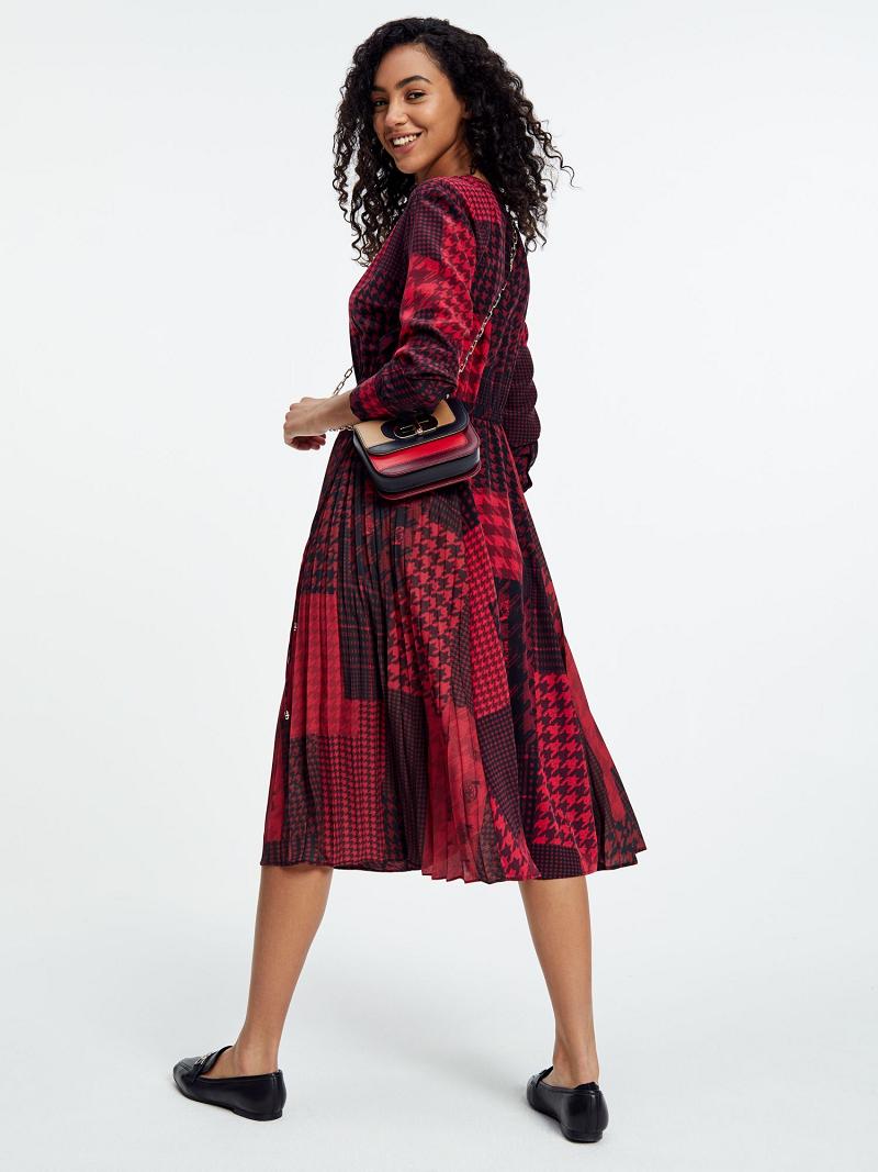 Női Tommy Hilfiger Icon Houndstooth Patchwork Midi Dresses Piros | HU 96XYU